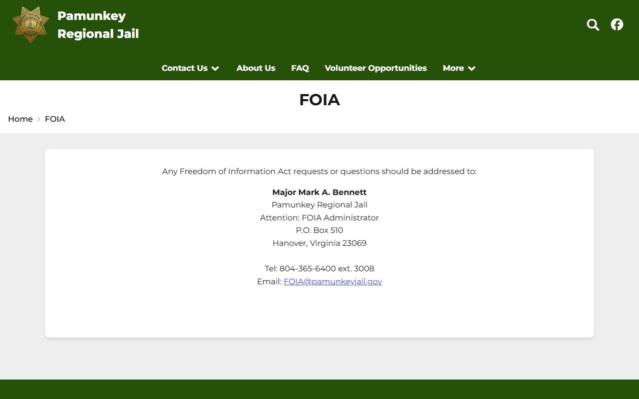 Caroline County booking photo records request through PRJ FOIA page