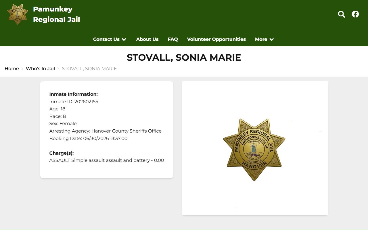 Caroline County inmate record sample profile on the PRJ roster