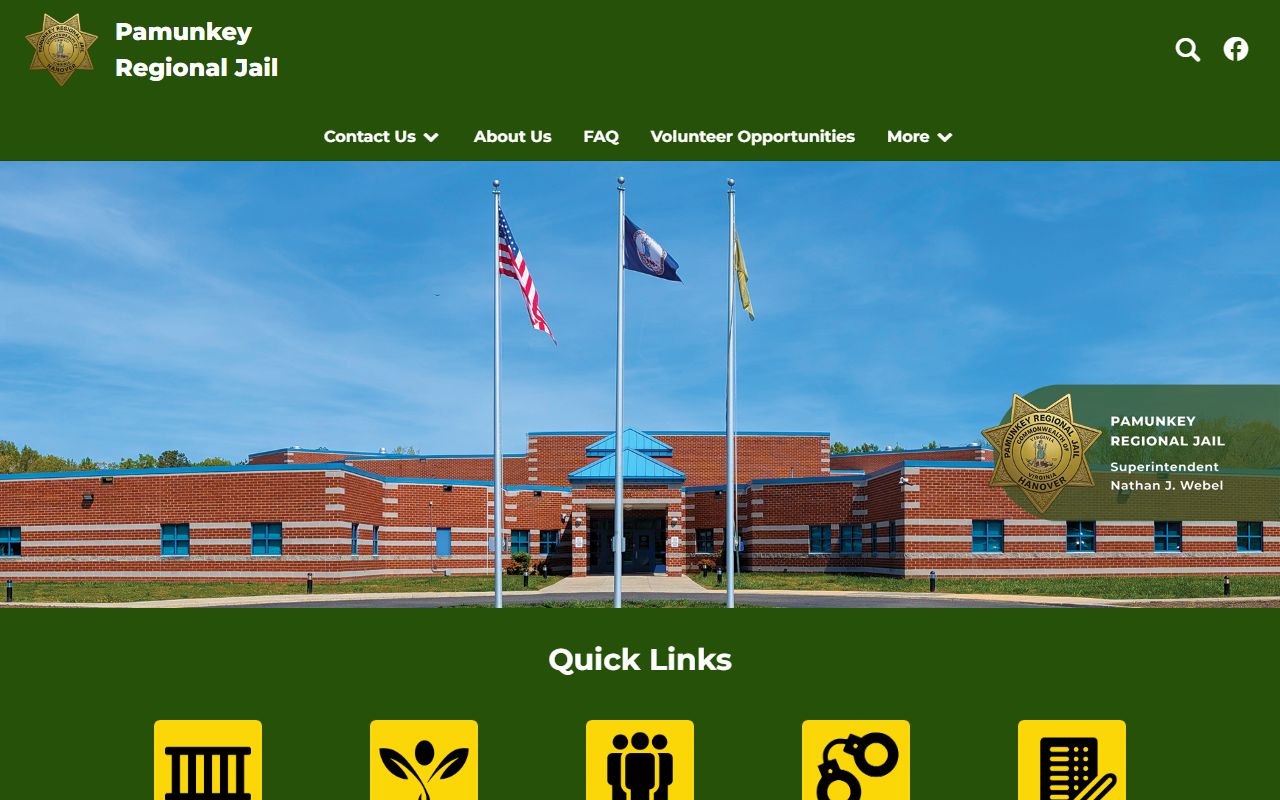 Caroline County inmate population facility links on the Pamunkey Regional Jail homepage