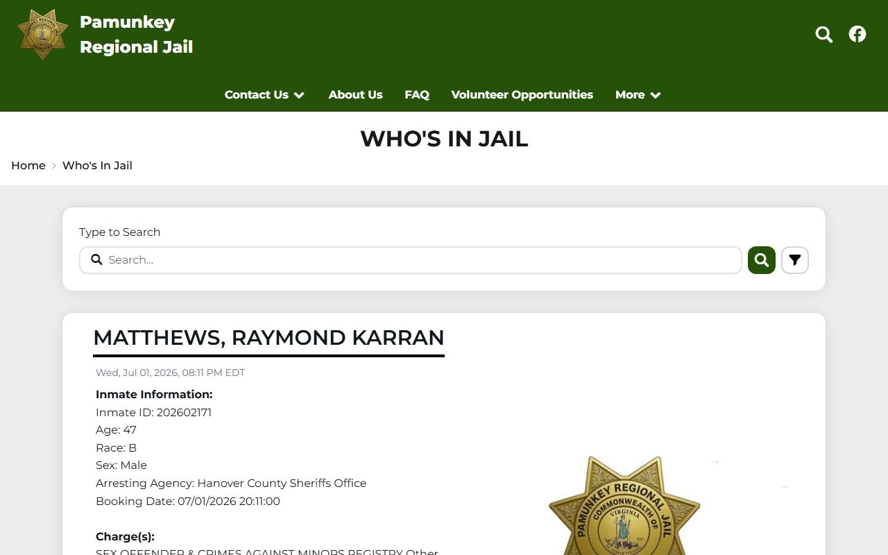 Caroline County jail roster search at Pamunkey Regional Jail