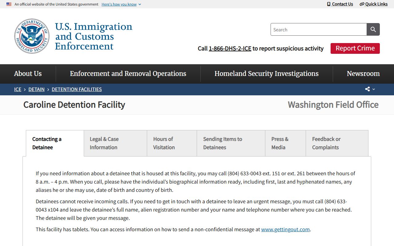 ICE Caroline Detention Facility page for detainee lookup and visitation in Caroline County