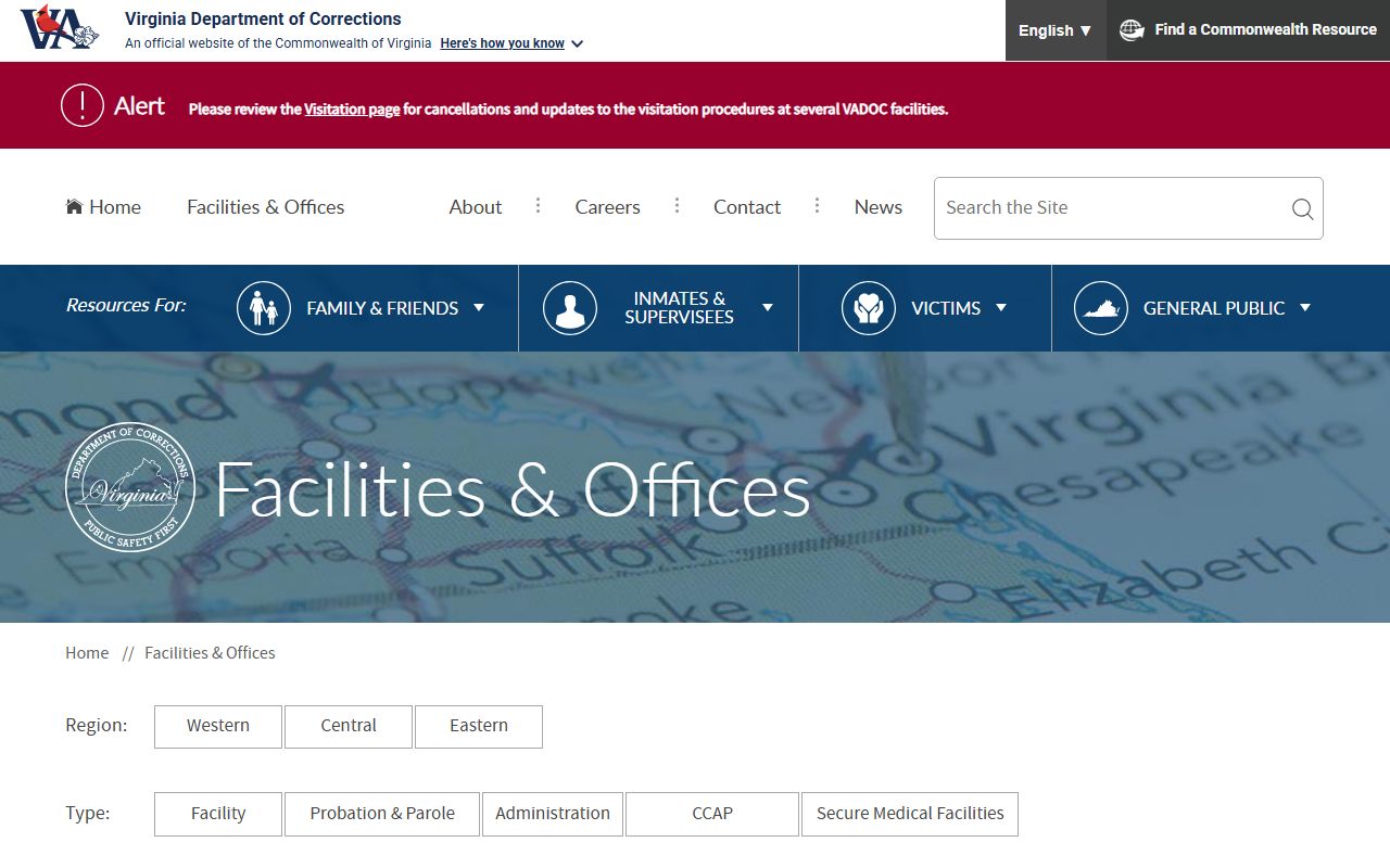 VADOC facilities directory listing Caroline Correctional Unit inmate search context